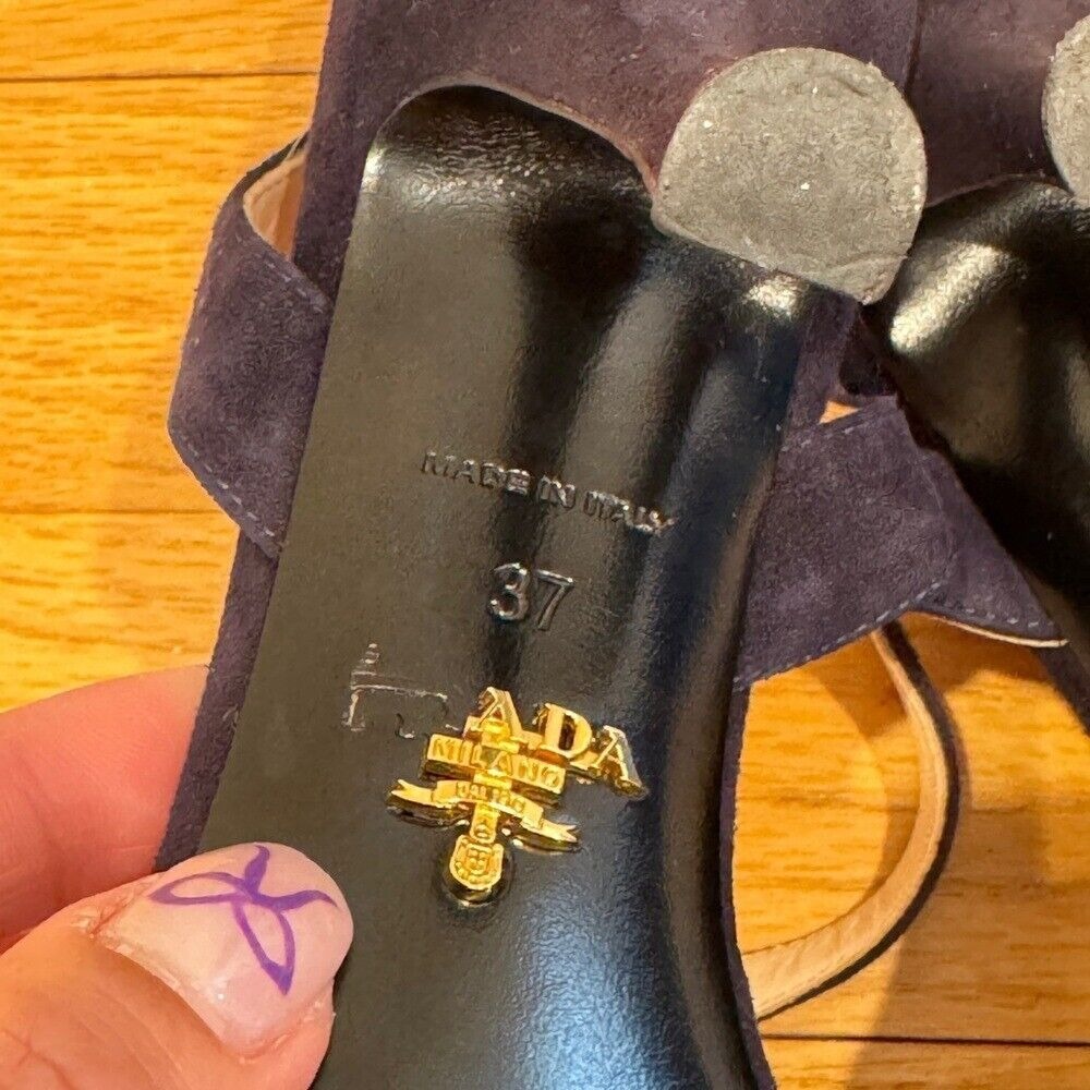 Prada‎  Navy Blue Suede Strappy Cut out Heel Sandal Size 37 - Picture 8 of 8